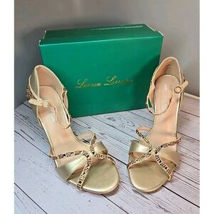 Lauren Lorraine Daisey Gold Rhinestone Heels Evening Party Holiday Sparkle Sz 11